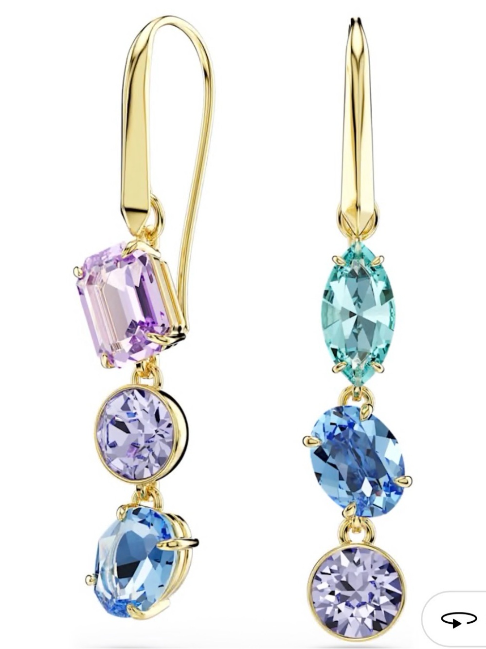 Swarovski GEMA gold tone drop earrings with asymmetrical cut crystals un-worn